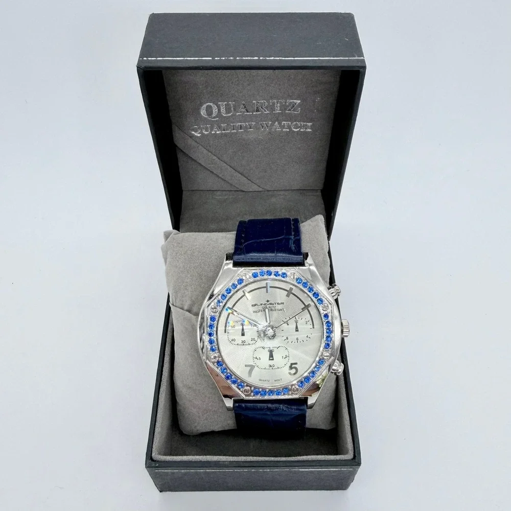Blingster Crystal Bezel Mens Quartz Silver Steel Blue‎ Leather Rhinestone Watch